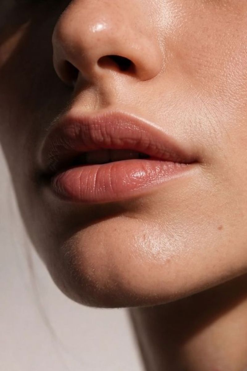 Zbliżenie dolnej części twarzy kobiety z naturalnie podkreślonymi ustami, gładką skórą i delikatnym światłem podkreślającym kontur warg oraz okolicę nosa.